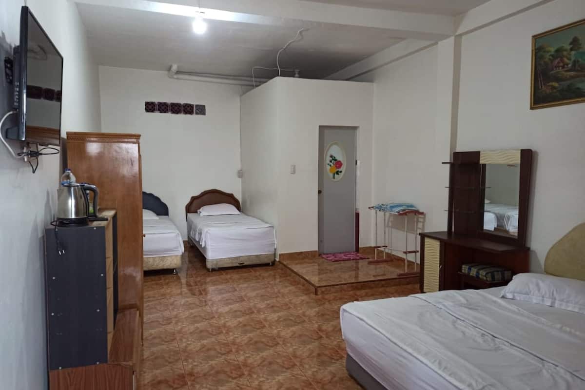 A hotel room with two single beds, a wooden wardrobe, a desk with a kettle, a mirror, and a door with a floral decoration.