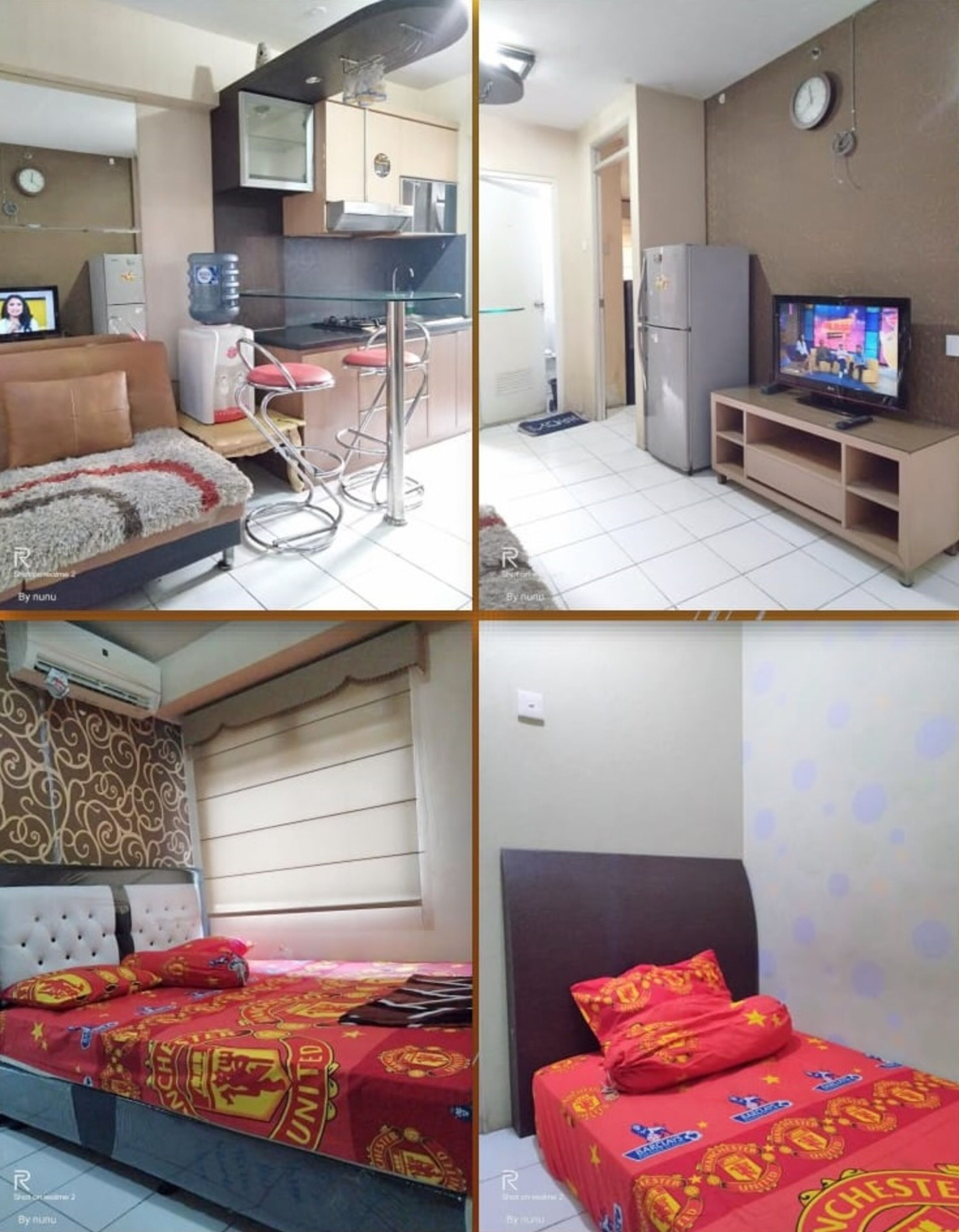 A hotel room with a bed, a TV, a kitchenette, and a bathroom.