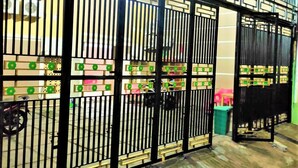 A black metal gate with vertical bars and a decorative pattern. - Radja Guest House (Makassar)