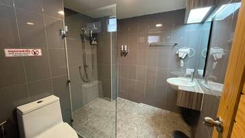 A modern bathroom with a glass-enclosed shower, a toilet, a sink, and a mirror.
