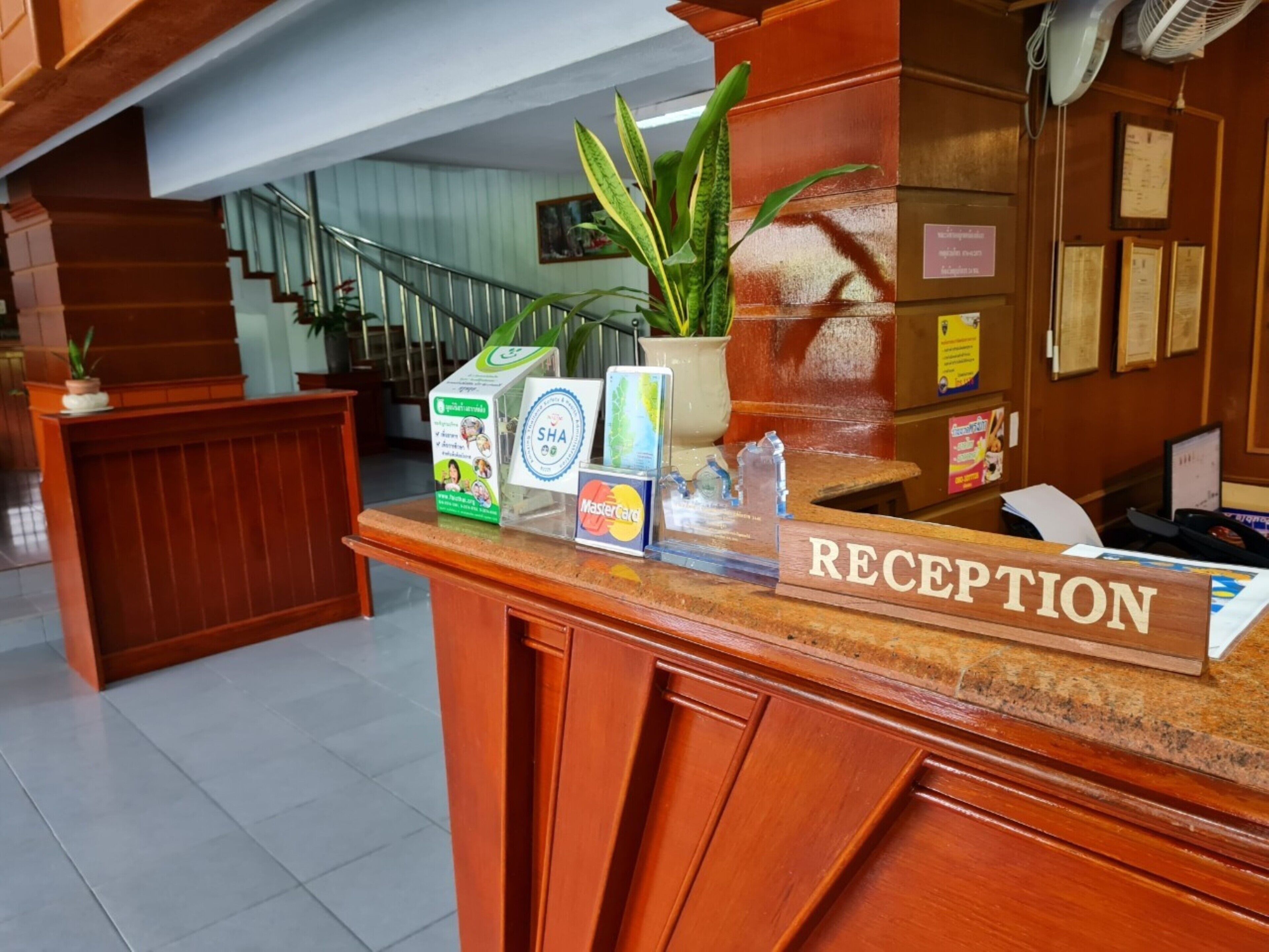 Una recepción con encimera de madera, una planta en maceta y folletos informativos.