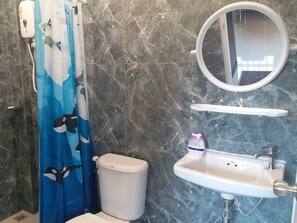 Shower, free toiletries, hair dryer