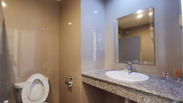 A bathroom with a toilet, sink, mirror, and shower.