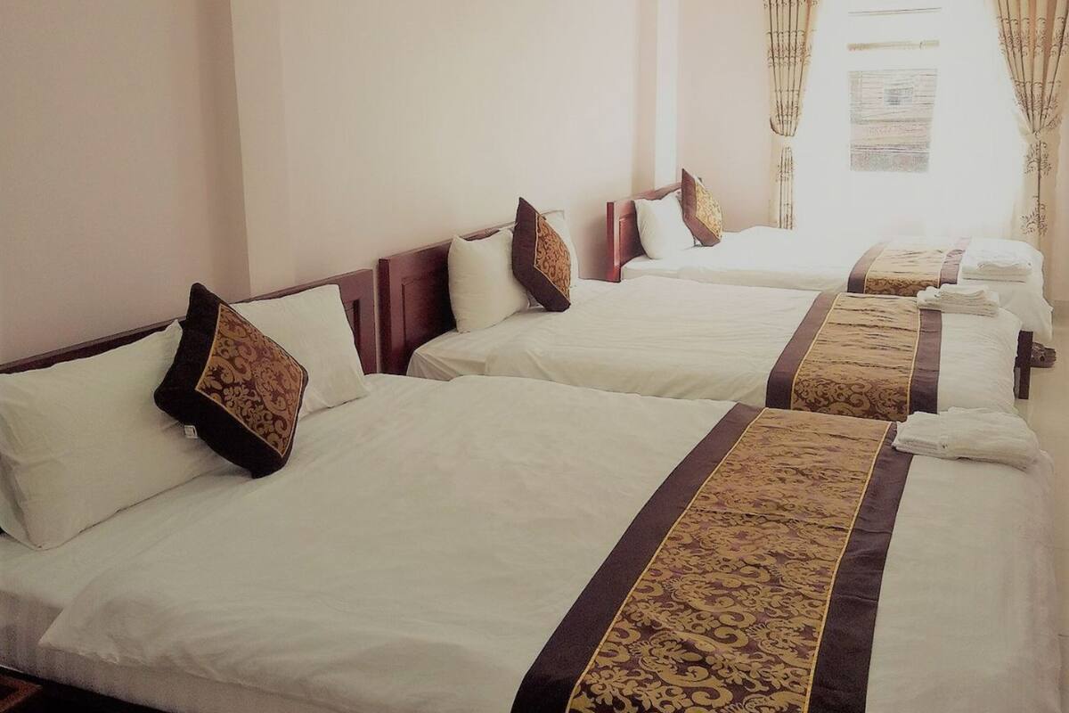 A hotel room with three beds, each with white bedding and brown headboards.