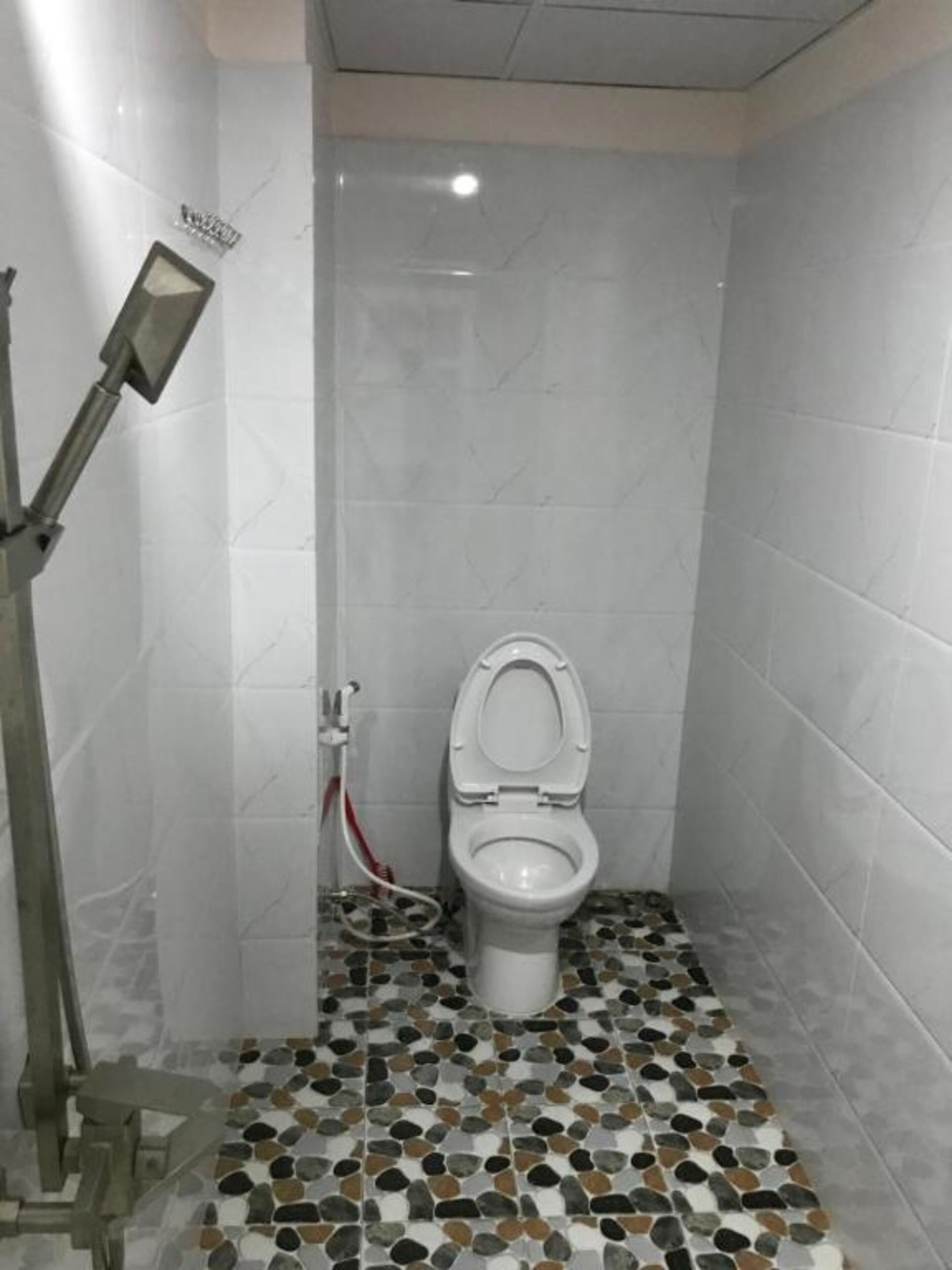 A small, tiled bathroom with a toilet, a showerhead, and a tiled floor.