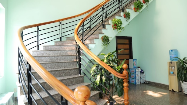 A spiral staircase with wooden handrails, surrounded by potted plants and boxes of Dove soap. - Phu Gia Hotel (Phu Thuy)