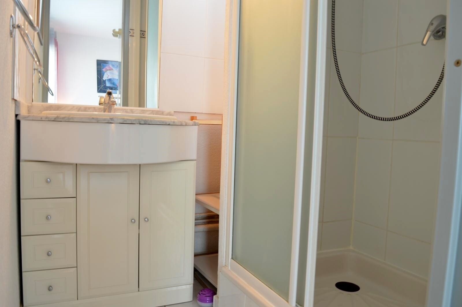 Une salle de bain avec un meuble-lavabo blanc, une douche dotée d’une porte en verre et des toilettes.