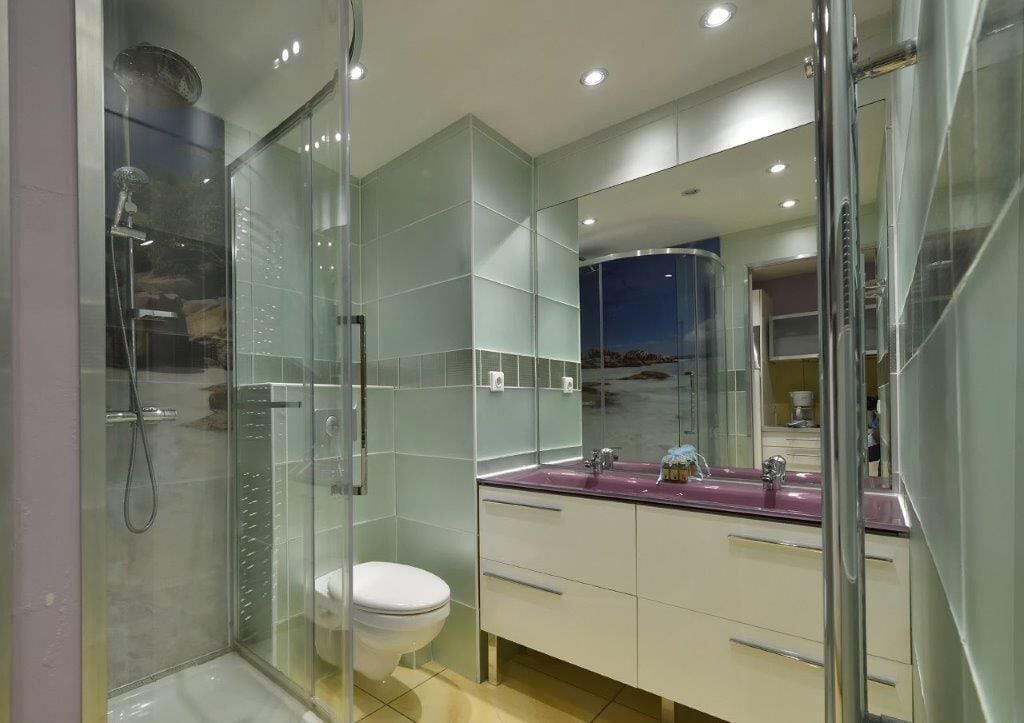 A modern bathroom with a glass-enclosed shower, a white toilet, and a vanity with a purple countertop.