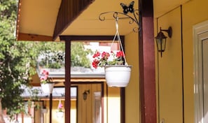 A covered porch with hanging flower pots and a butterfly-shaped metal fixture.