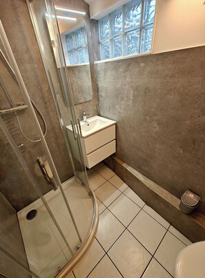 Douche, séchoir à cheveux, serviettes fournies, savon