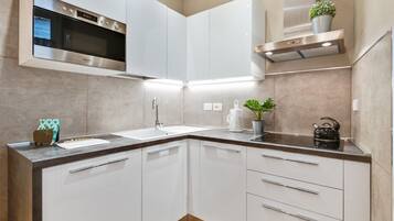 Apartment, 1 Schlafzimmer | Eigene Küche | Großer Kühlschrank, Ofen, Herdplatte, Kochgeschirr/Geschirr/Besteck