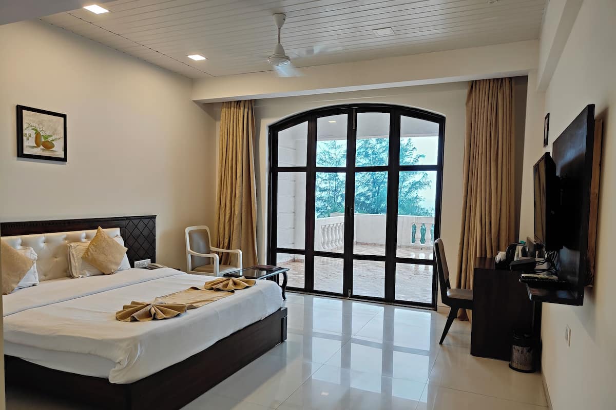 A hotel room with a large bed, a TV, a chair, and a view of the outdoors through a large window.
