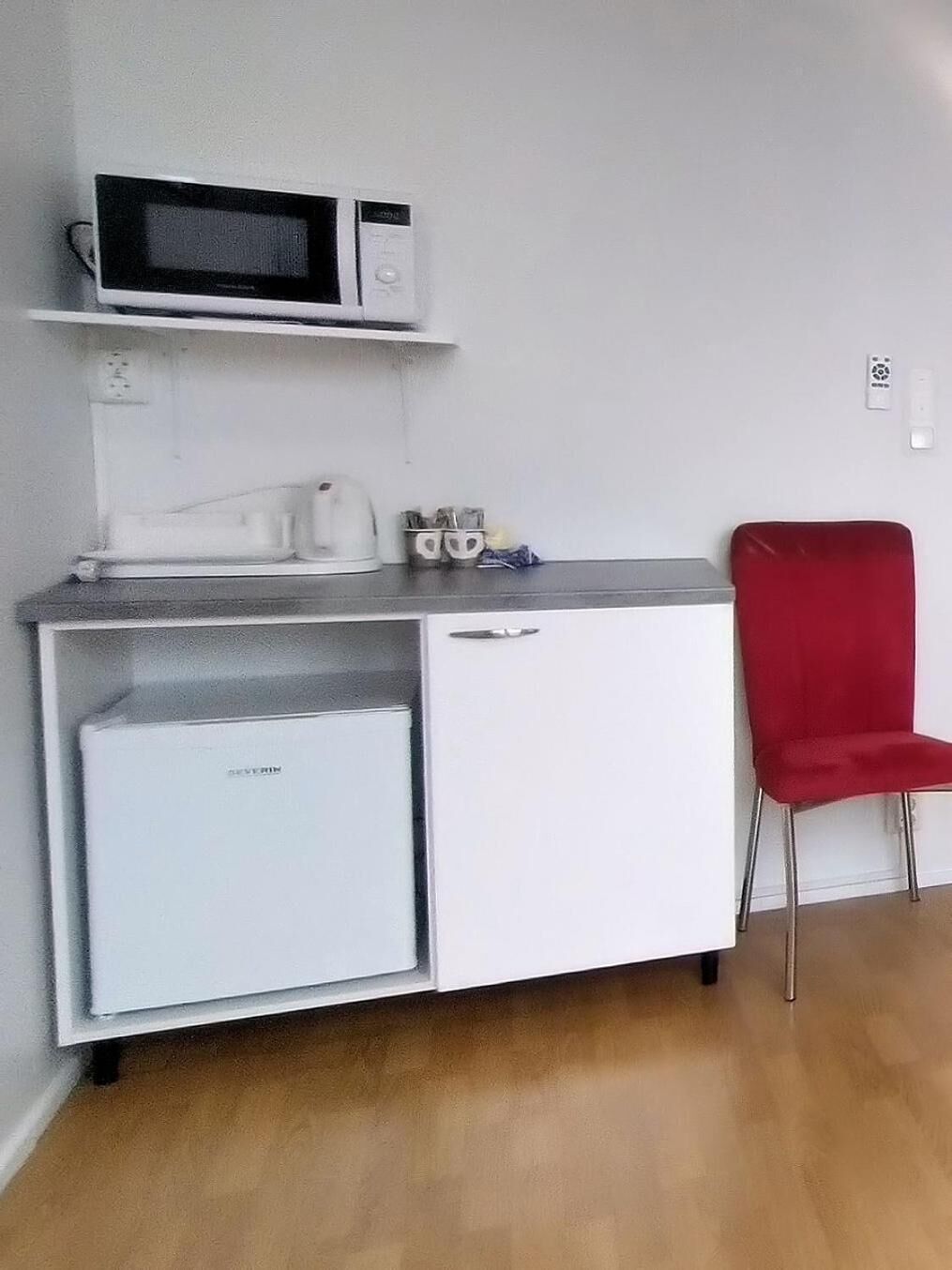 mini-fridge, microwave, electric kettle