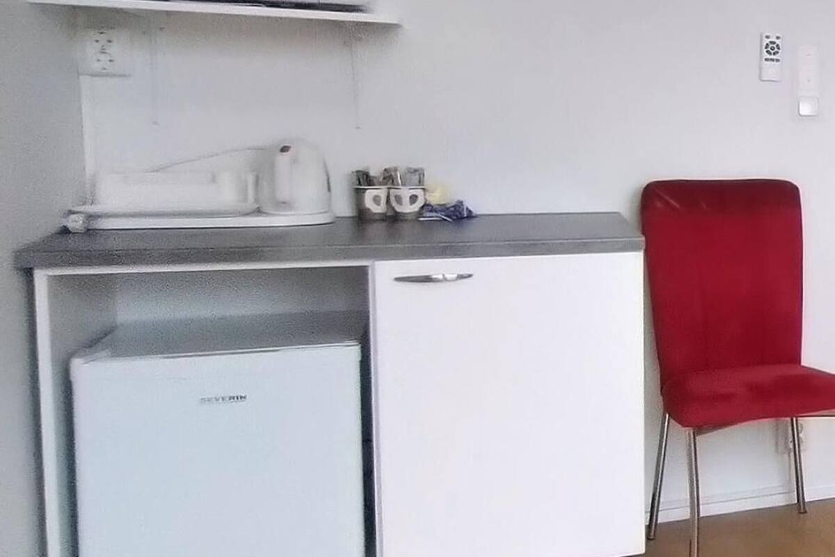 mini-fridge, microwave, electric kettle