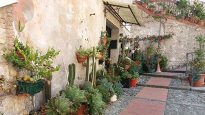 A narrow cobblestone pathway flanked by potted plants and cacti, leading to a building with a rustic stone facade. - Natursteinhaus Casa Angela, Terrassen, Garten, Meernähe, 140 m² (Dolcedo - Lecchiore)