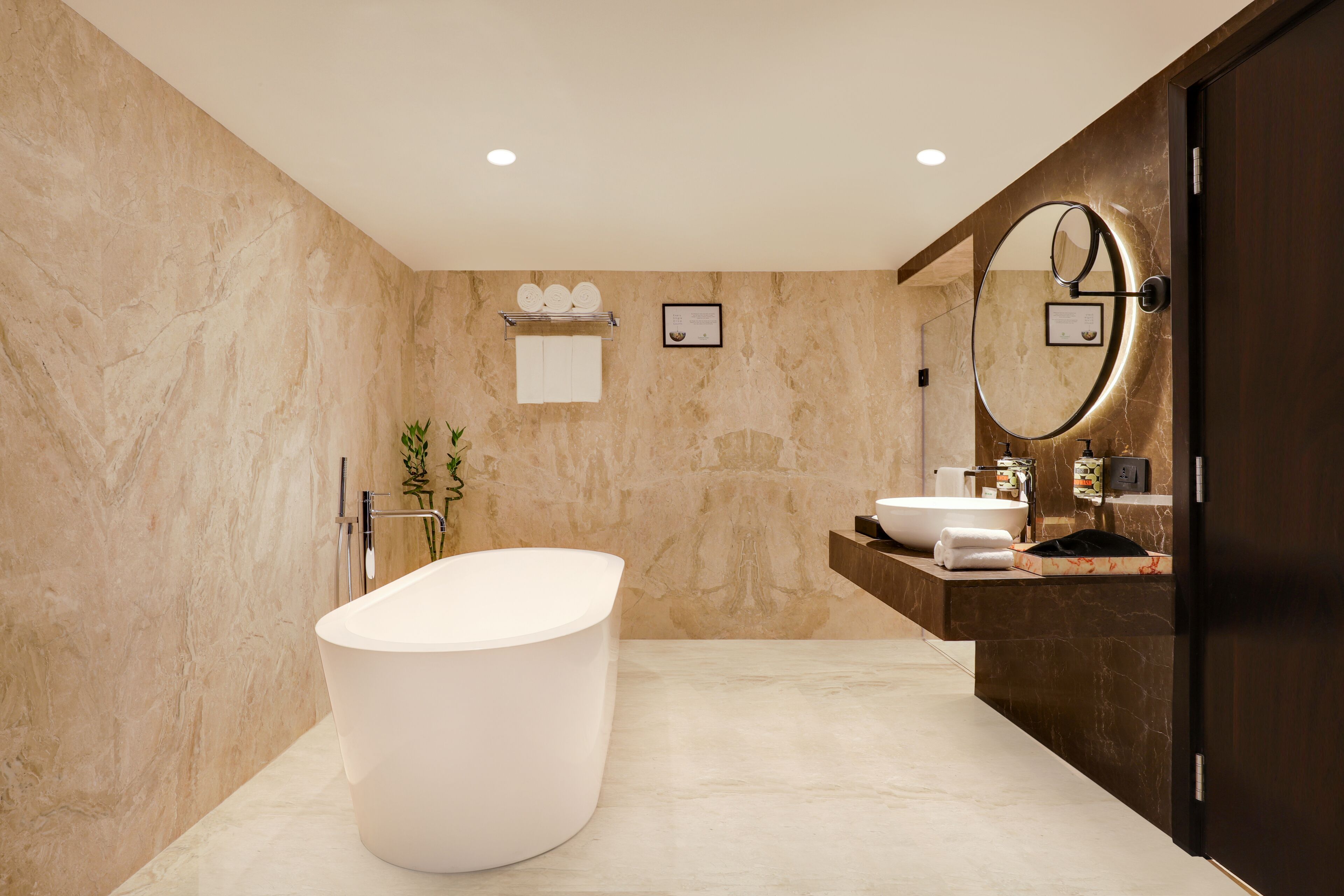 A modern bathroom with a freestanding bathtub, a vanity with a mirror, and a towel rack.