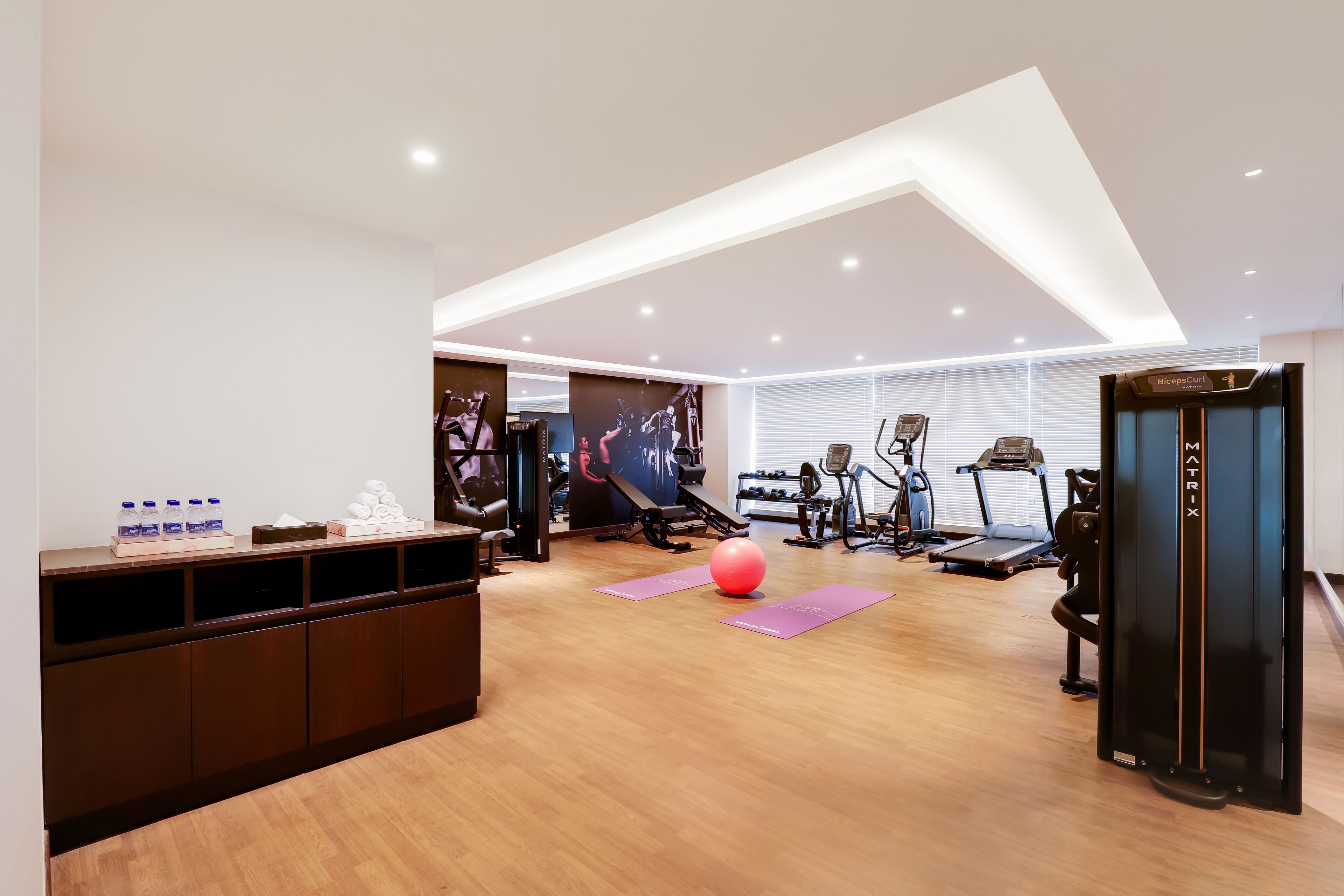 Ein modernes Fitnessstudio mit Trainingsgeräten, Laufband und Rudergerät.