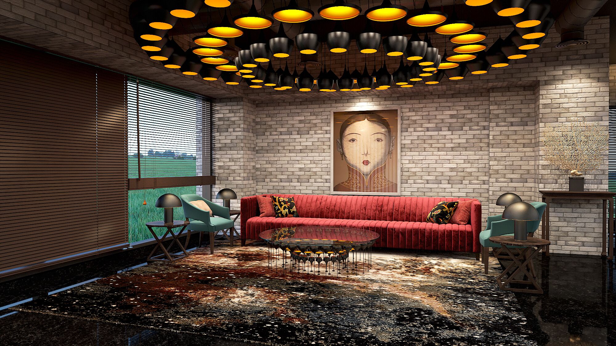 A modern living room with a red sofa, green armchairs, a glass coffee table, and a unique circular ceiling light fixture.