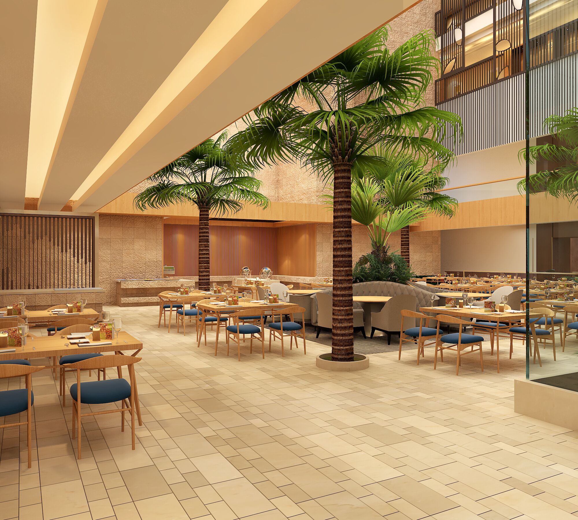 A spacious indoor dining area with multiple tables and chairs, a central palm tree, and a modern architectural design.