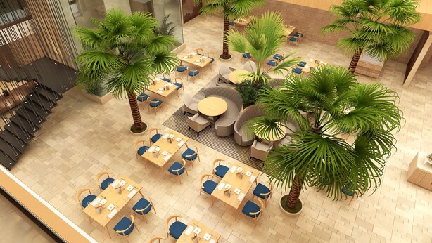A spacious outdoor dining area with multiple tables and chairs, surrounded by palm trees. - Lemon Tree Premier Vijayawada (Vijayawada)