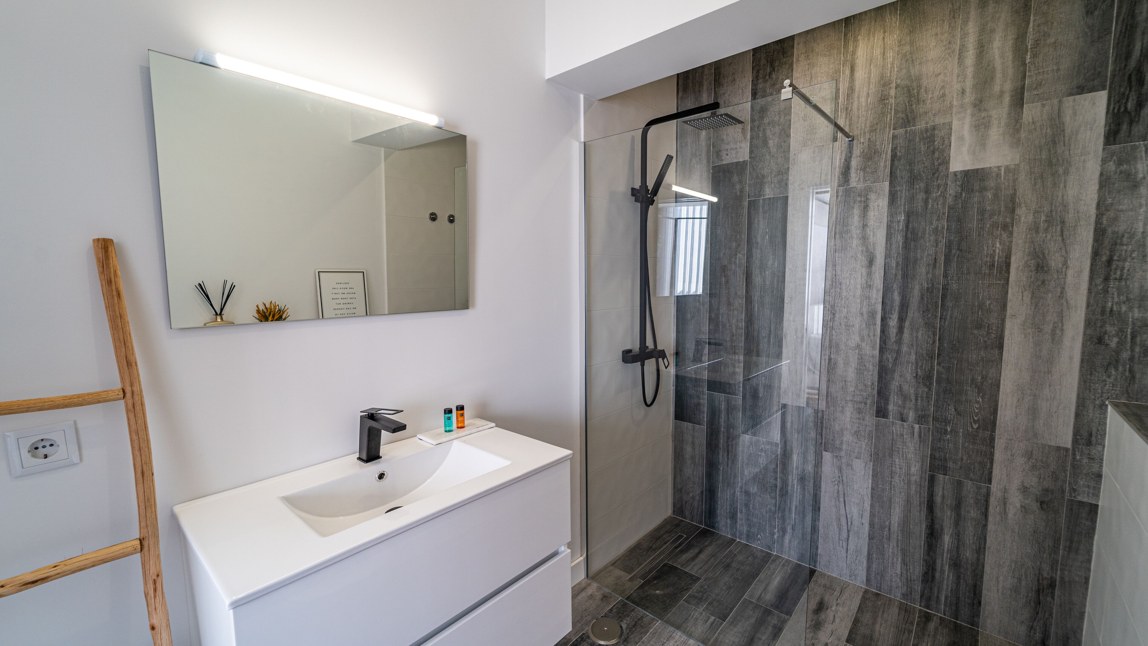 Regadera, secadora de cabello, toallas, papel de baño 