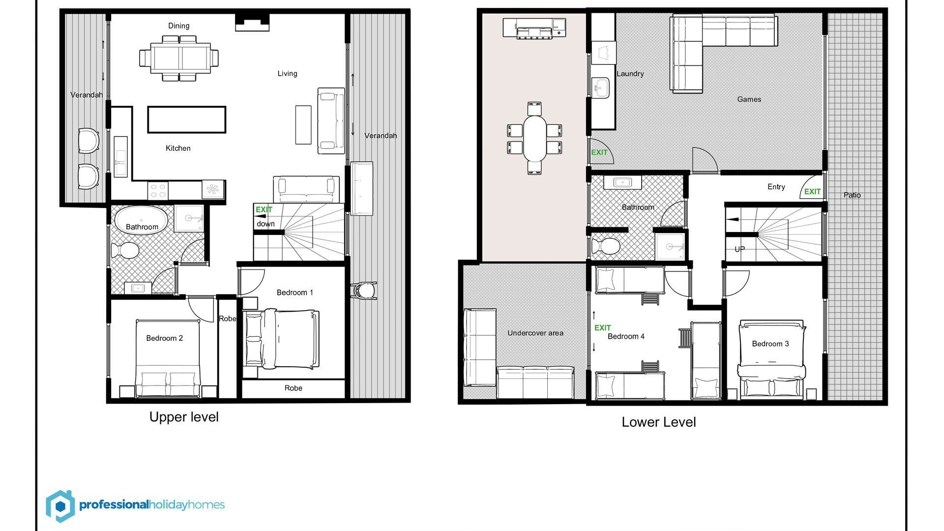 A hotel layout with two levels, including a dining area, kitchen, living room, laundry, games, and multiple bedrooms.