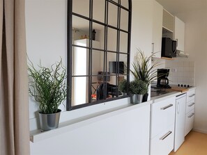 Frigorífico, microondas, horno y placa de cocina