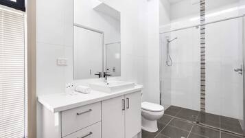 Shower, hair dryer, towels