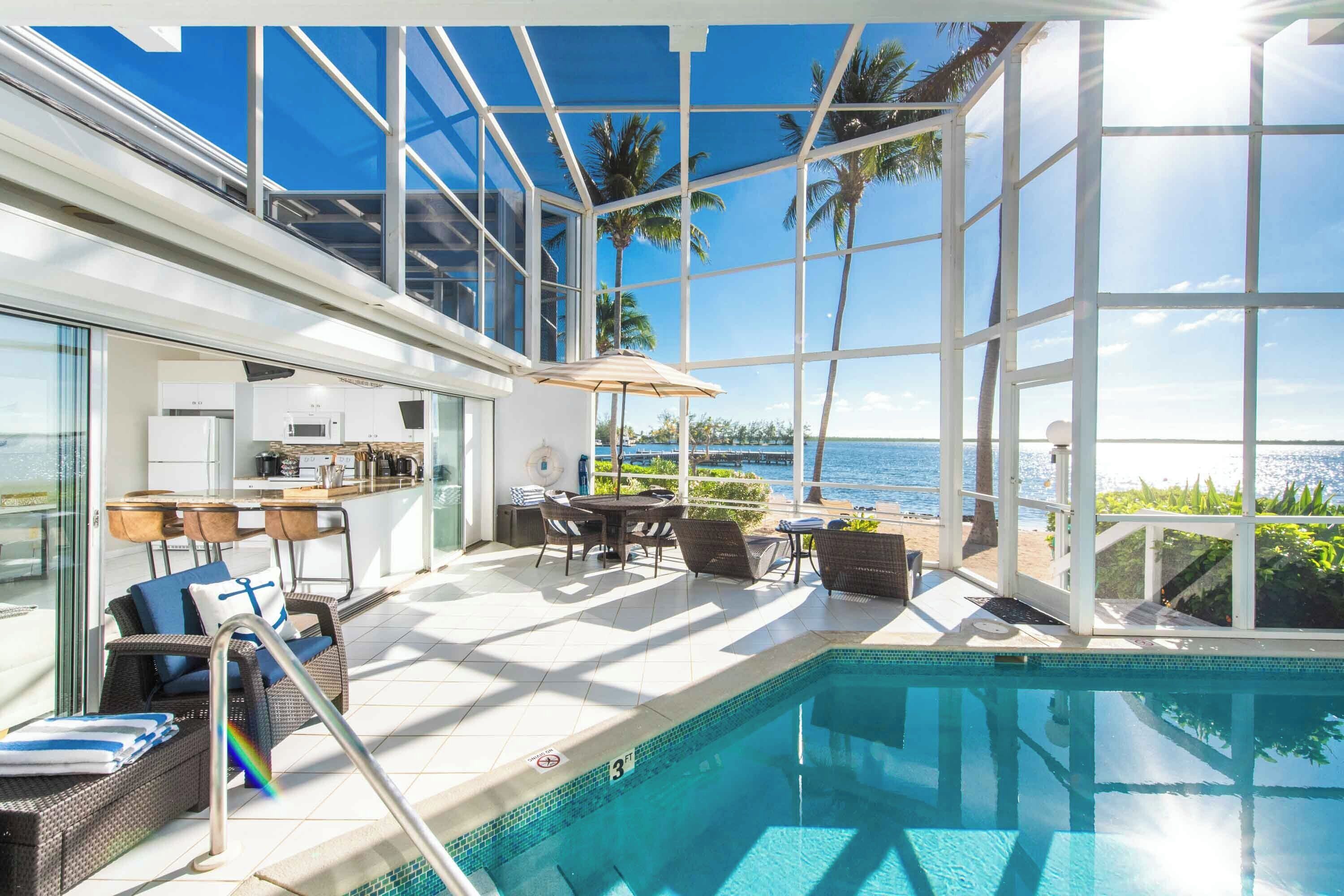 A heated pool, pool loungers