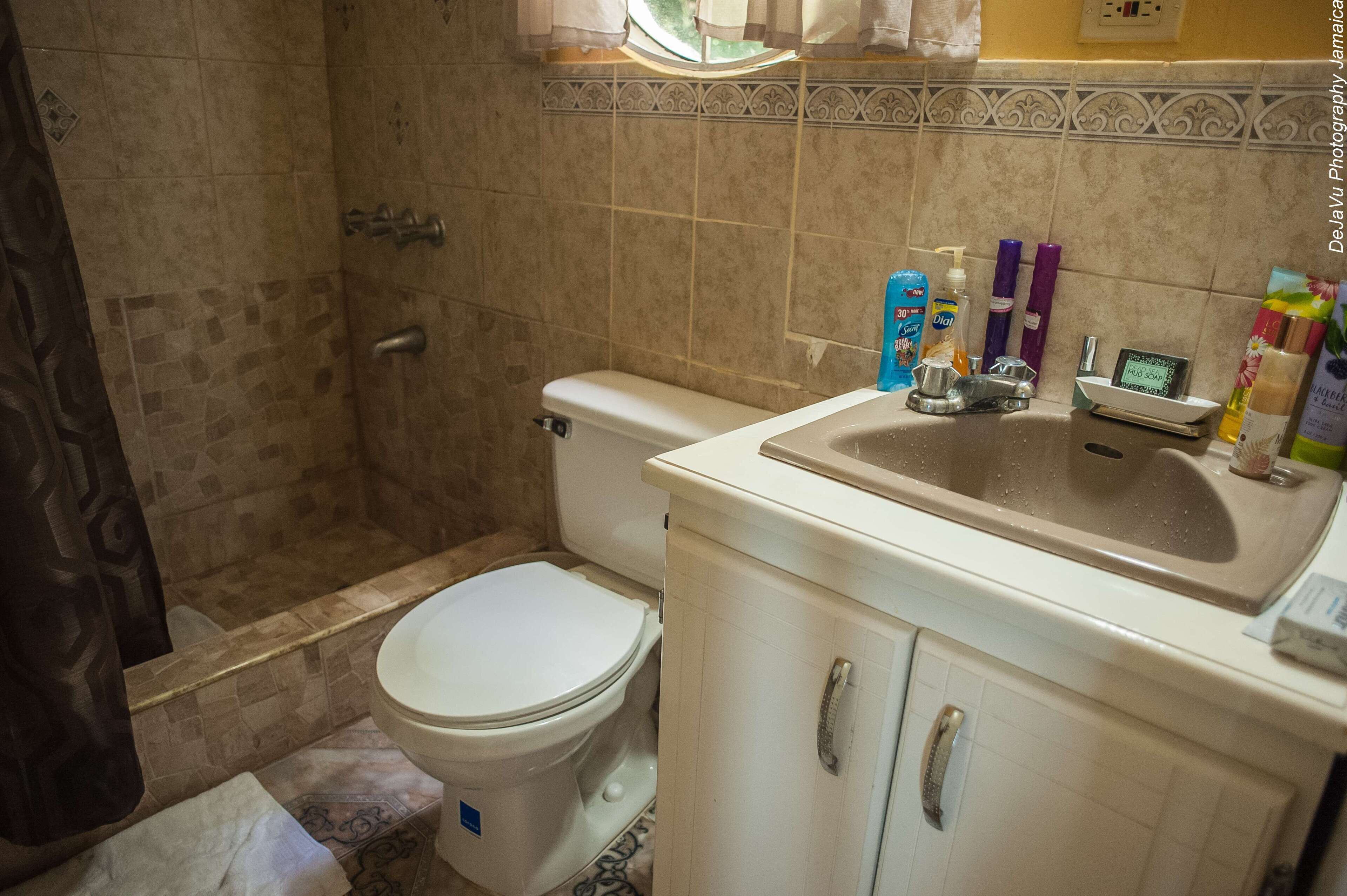 Een badkamer met toilet, wastafel en douche.