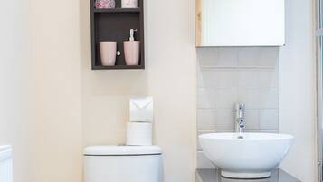 A bathroom with a toilet, a sink, a mirror, and a shelf with toiletries.