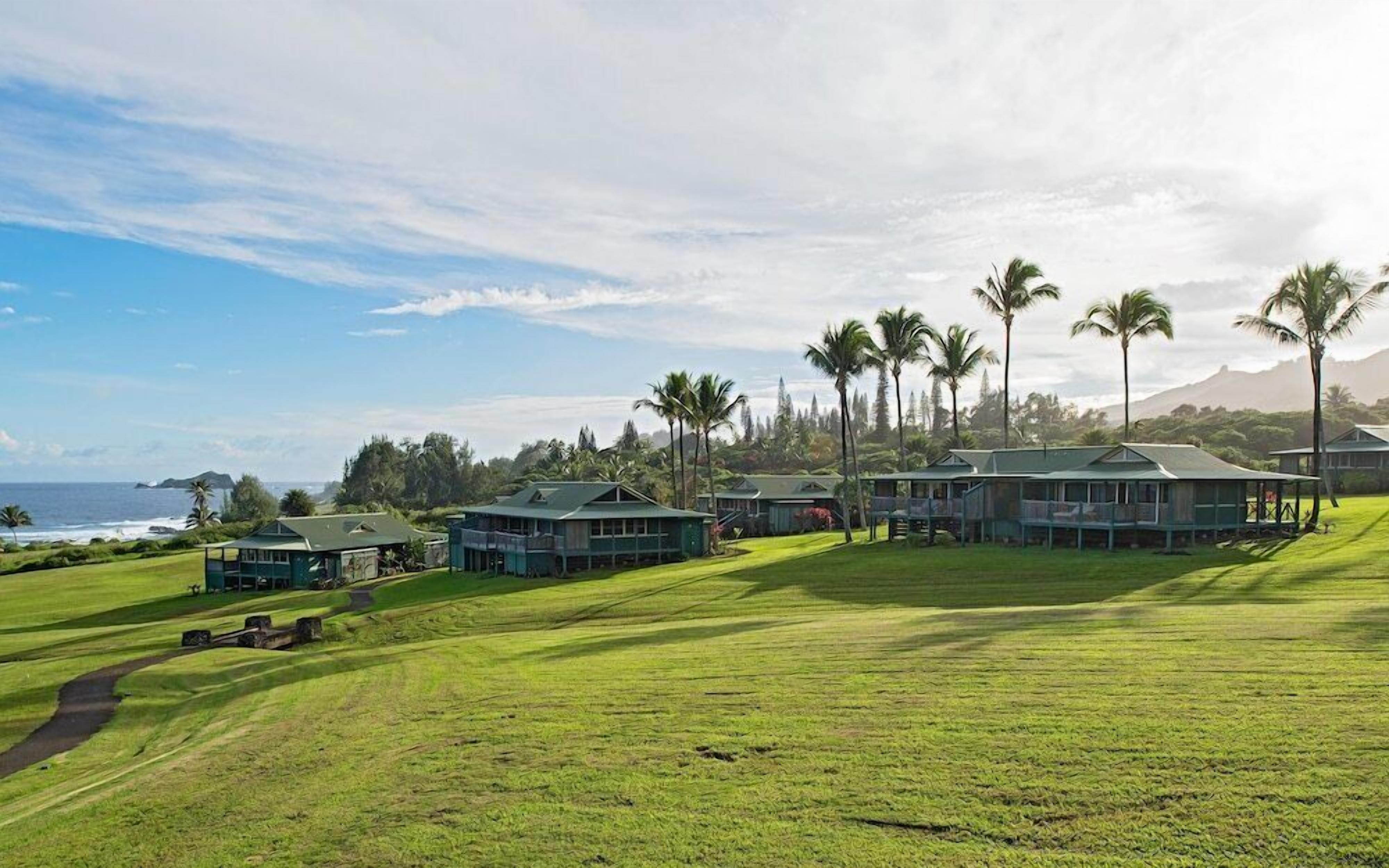 A golf course with multiple houses, palm trees, and a view of the ocean.
