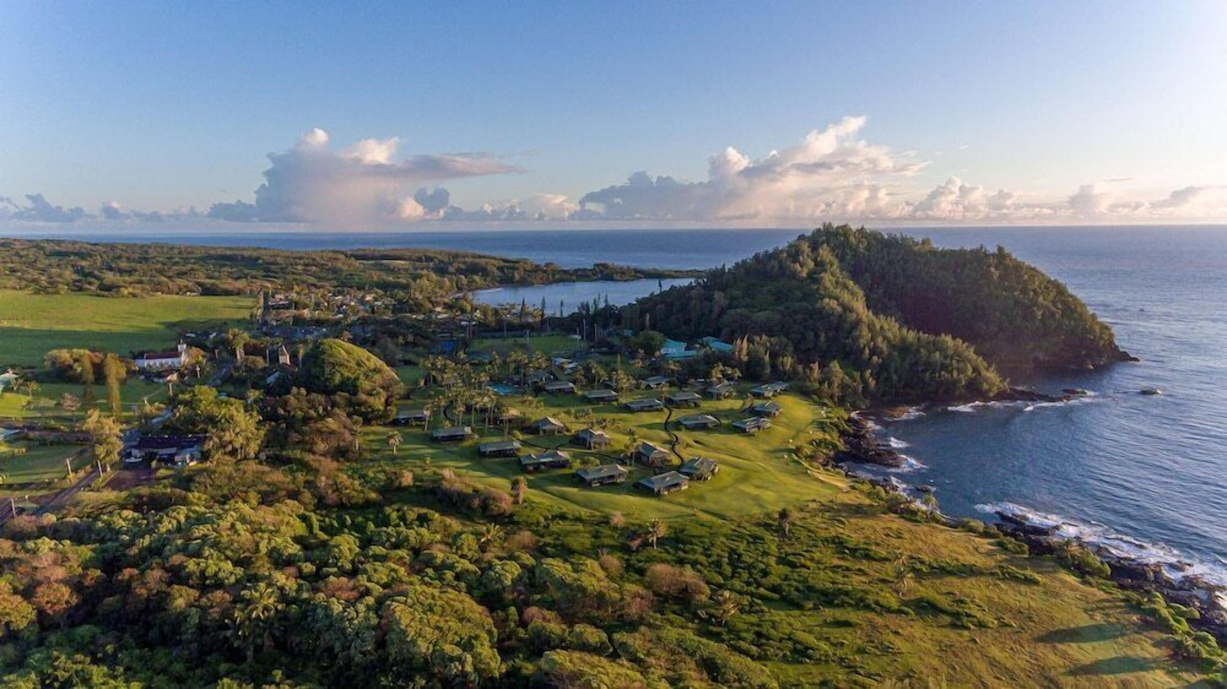 An aerial view of a coastal resort with multiple bungalow-style accommodations, lush greenery, and a view of the ocean.