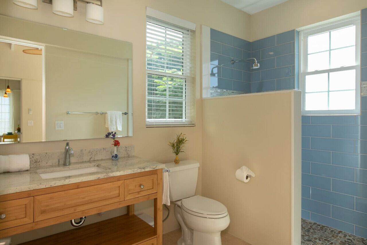 A bathroom with a sink, mirror, toilet, and shower.