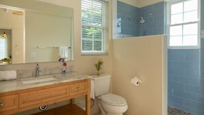 A bathroom with a sink, mirror, toilet, and shower. - Allamanda 3 - 1 bedroom suite at Seagrape Vista (Cruz Bay)