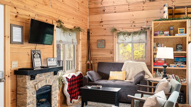 A cozy cabin interior with a stone fireplace, a flat-screen TV mounted on the wall, a comfortable sofa with cushions, a small table, and a bookshelf filled with books and games. - 2-bedroom vacation home just 10 minutes from Viroqua's charming downtown (Viroqua)