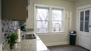Cozinha com bancadas de granito, pia dupla, planta em vaso e janela com vista para uma cerca.