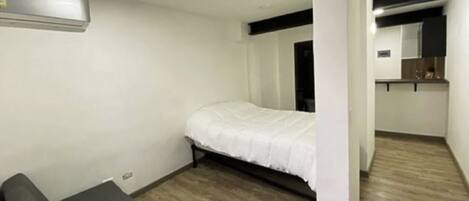 A room with a bed, a small seating area, and a kitchenette.