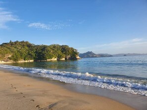 A beach with clear waters, a sandy shore, and a forested island in the background. - SIT BACK AND RELAX BY THE ESTUARY. Pet and Family Friendly! (Cooks Beach)