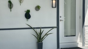 A white exterior wall with a door, a potted plant, and several wall-mounted planters with greenery.