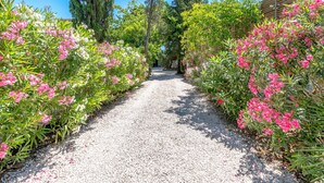 A gravel path flanked by lush greenery and flowering plants, leading towards a building with a wooden facade. - La Tropézienne - Welkeys (Gassin)