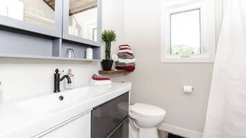 Duschwanne, Handtücher, Seife, Toilettenpapier