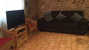 A living room with a stone wall, a dark sofa with cushions, a television on a stand, and a wicker chair.