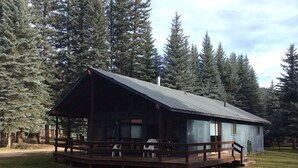 Une cabane dotée d’une terrasse en bois et d’un porche abrité, entourée de grands arbres à feuilles persistantes.