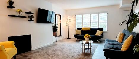 Smart TV, fireplace, music library