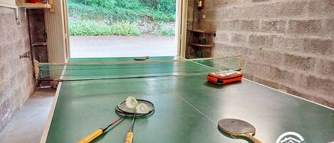 Una mesa de ping pong con red, paleta y pelota en una habitación con pared de concreto y ventana con vista a follaje.