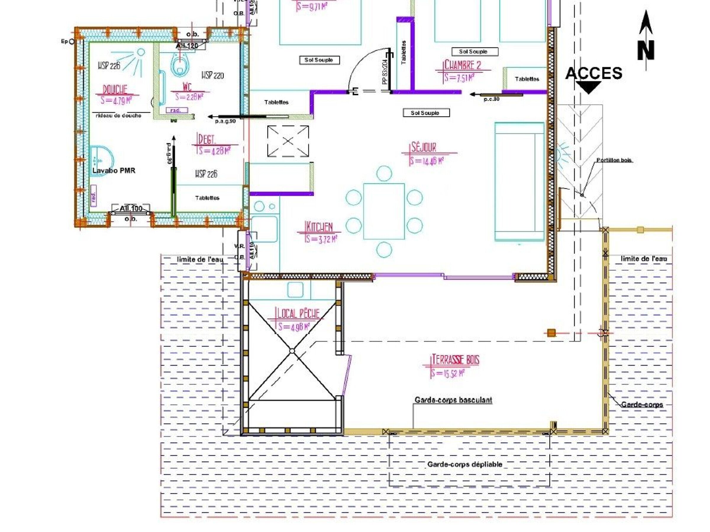 Grundriss eines Hotels mit beschrifteten Zimmern und Annehmlichkeiten, darunter eine Küche, ein Badezimmer und ein Poolbereich.
