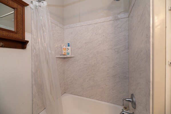 A bathroom with a shower, a mirror, and a shelf with toiletries. - Tall Trees - great location to downtown Saugatuck - Pet Friendly! (Saugatuck)