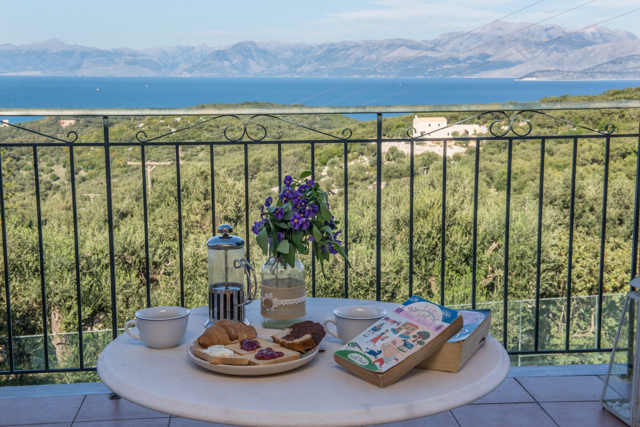 A table with pastries, a cup, a book, and a vase of flowers on a balcony overlooking a scenic landscape.