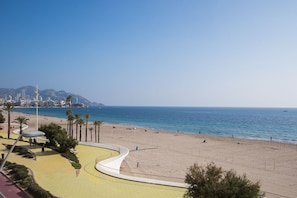 A beach with a curved walkway, palm trees, and a cityscape in the background. - VERALUX 2. (BENIDORM)